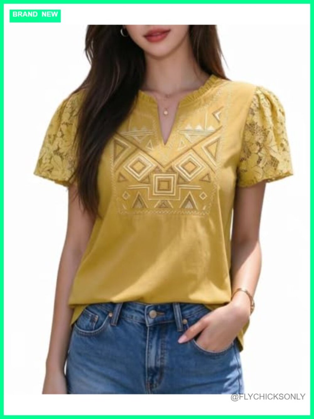 Women's Embroidered Cotton Blouse Boho V-Neck Flutter Sleeve Top